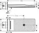 Hansgrohe-Duschkopf mit dreifachem Strahl, flacher Form und perforierter Oberfläche, montierbar an der Wand, Ansicht von oben und seitlich mit Maßangaben.